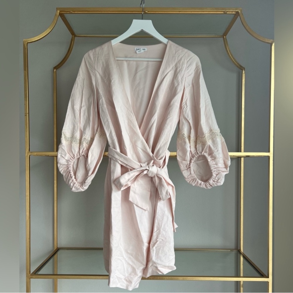 Club Monaco linen wrap dress with lace bell sleeves
